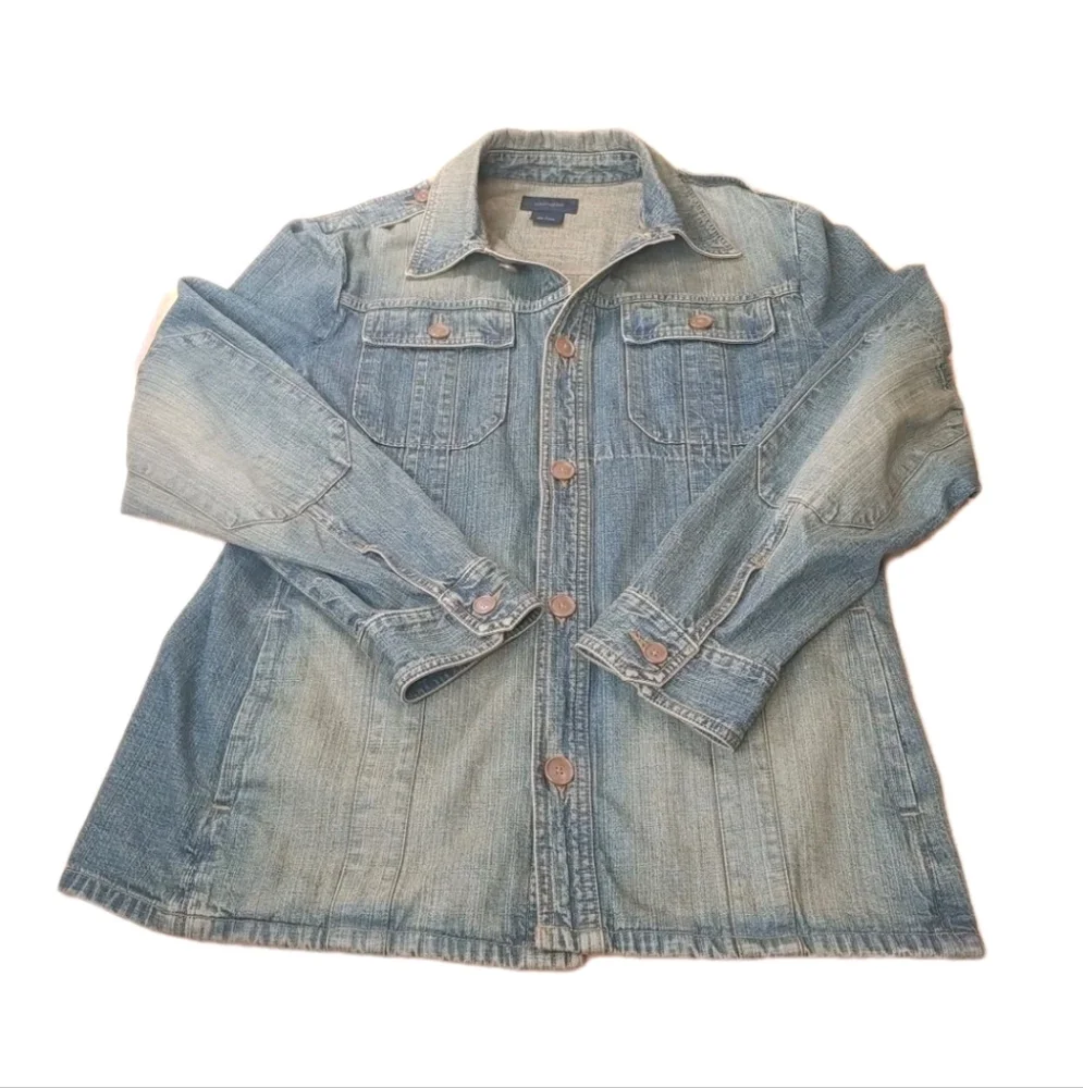 Express Military Jean Jacket Woman Large Blue Denim Button Elbow Patches Utility - Picture 3 of 12